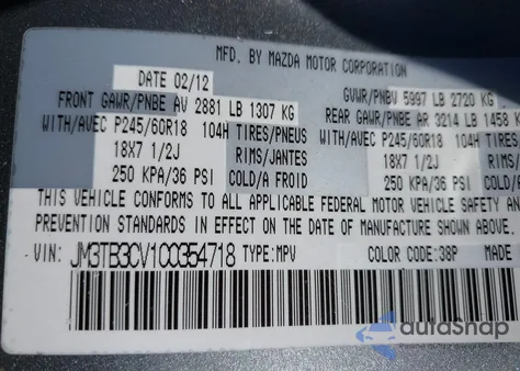 2012 Mazda Cx-9 Touring z USA, uszkodzony, nr VIN JM3TB3CV1C0354718